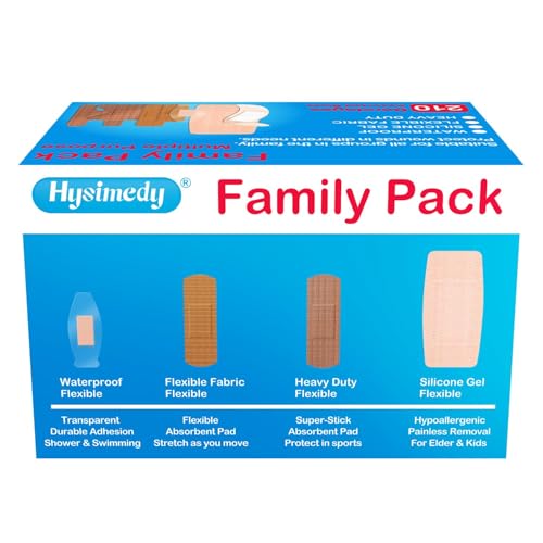 Hysimedy Adhesive Assorted Bandages Variety Pack 210 Counts Flexible Fabric Heavy Duty Waterproof Silicone Hypoallergenic Latex Free for Sensitive Skin Wounds Care Medical First Aid Kit Supplies