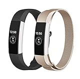Fundro Replacement Bands Compatible with Fitbit Alta and Alta HR，Stainless Steel Metal Bracelet Strap Replacement Wristband for Alta Women Men (#A Champagne+#B Black, Small)
