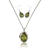 VTG Tibet Silver Plated Green Artificial Amber Necklace Hook Earrings Teardrop Pendant Sets