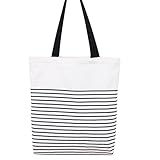 Women's Black Stripe Print Canvas Tote Bag Shoulderbag White (black-zip)
