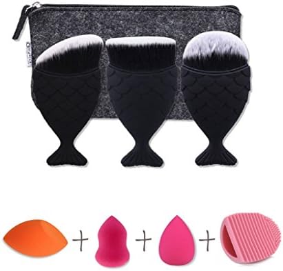3 pcs Multifunction Mermaid Fish Scale Makeup Brushes Powder Blush Foundation Cosmetic Tools Contour BB Cream Brush with Fashion Cosmetic Bag Makeup Sponge Brush Egg Cleaner kit set (Black)