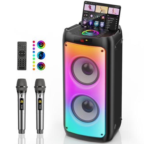 HWWR Karaoke Maschine mit 2 Mikrofonen ohne Verzögerung, groß Karaoke Anlage Partybox mit Echo-Einstellung und kräftigem Bass, unterstützt TWS/TV, Kar