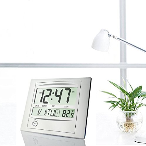HeQiao Digital Wall Clock Decorative Silent Desk Shelf Clock Easy to Read Large LCD Calendar Temperature Battery Alarm Clock for Seniors Elderly Home Office (12 Inch, 2 Alarms) (Luxury Silver) - Thumbnail 3