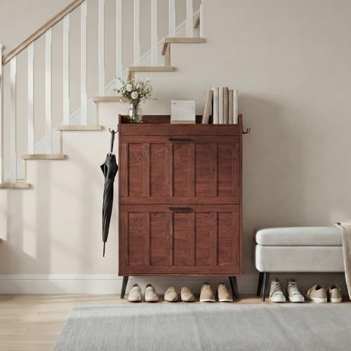 ELUREVIA Meuble à Chaussures à 2 Abattants, Armoire à Chaussures Étroit Style Campagne, Capacité 12 à 16 Paires, Rangement pour Entrée, Salon et Couloir, Noyer
