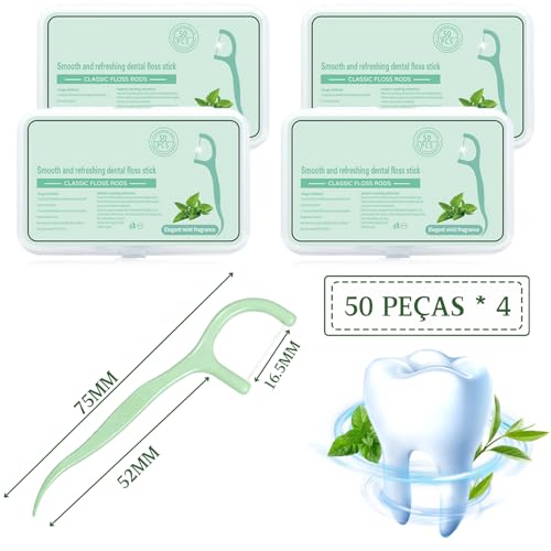 GODREAM Fio Dental com Haste 2 em 1, Kit com 200 Unidades para Limpeza Bucal Profunda, Macio e Resistente, Fácil de Usar, Palitos Interdental, Ideal para Viagens e Uso Diário, Menta