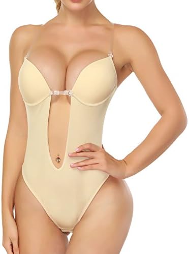 LANFEI Women U Plunge Bodysuit Molded Cup Deep V Bra Thong Body Shapewear