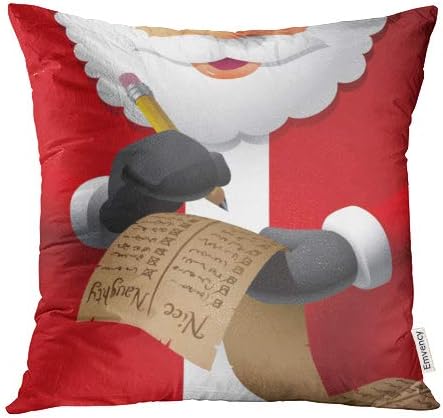 Amazon Co Jp Emvency 装飾用クッションカバー 赤 クリスマス リアルなサンタクロースのイラスト入り ダブルチェック 彼のいたずら好きリストスクロール 18x18インチ ケースカバー クッション 両面 ホーム キッチン