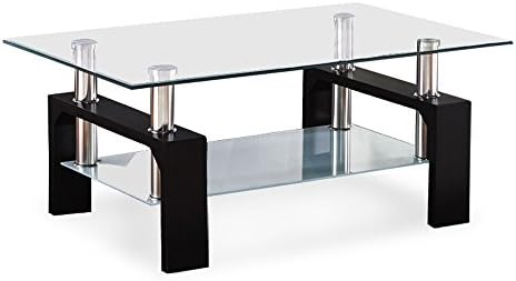 Glass coffee table shelf chrome black rectangular wood living room furniture