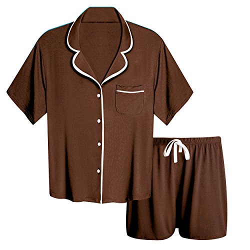 Invug Women Short Sleeve Nightwear Shirts Shorts Pajama Set Sleepwear Loungewear Brown L