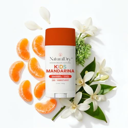 NaturalDry Kids - Pack de 2 desodorantes Kids infantiles unisex Natural para niños y niñas - Duración hasta 24 horas - Deodorant natural - Aroma Mandarina - En barra