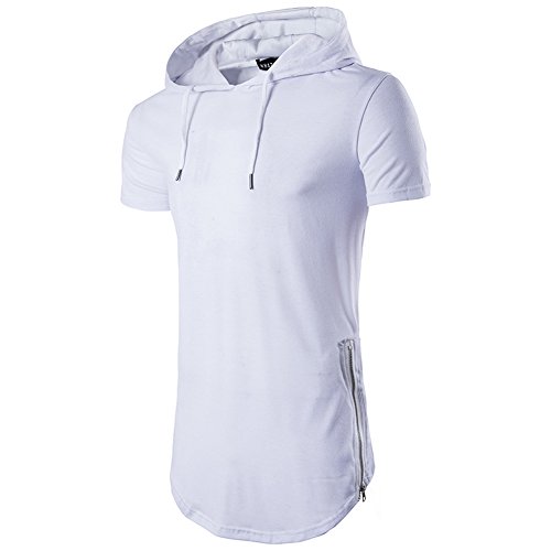 2017 Men's Hipster Hip Hop Short Sleeve Pullover Hoodie Side Zipper T-shirt (Small, White)