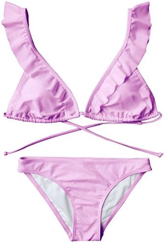 Polkra Women Plain Bikini Swimsuit Flounce Bathing Suit Swimwear Ruched Tops (L=8, Pink)