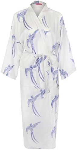 Ladies Lightweight Cotton Dressing Gown - Kimono Robe - 100% cotton. Hand-printed with natural dyes: / Long Tailed Bird Blue. One Size UK 10-18 / Europe 38-46