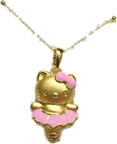 24K Fine Gold 3D Hello Kitty in Pink Ballet Dress Pendant with 18K Gold Chain Necklace