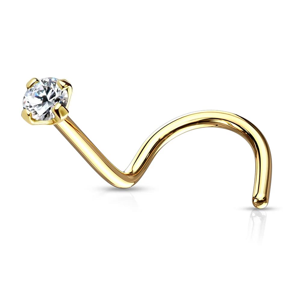 AZARIO LONDON 9K Yellow Gold Nose Piercing Prong Set 1.5MM Round CZ Stone 20 Gauge Nose Screw