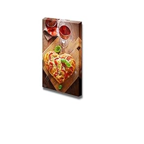 View of a Tasty Cheese and Tomato Vegetarian Heart Shaped Pizza Served on a Wooden Board with a Glass of Red Wine - Canvas Art Wall Art - 18" x 12"