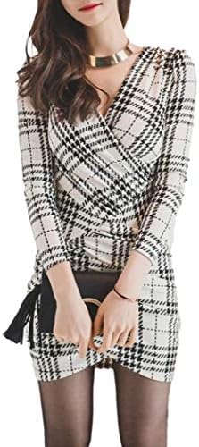 Ailacarilla Women’s Elena Cachecool Dress, Checkered, Long Sleeve, Chest V Neck, Sexy, Mini, Tight Cabaret Dress, Party, Houndstooth