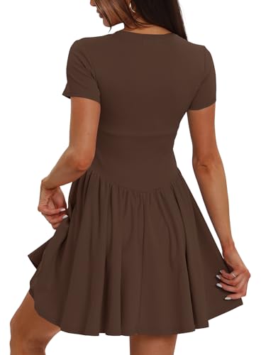 DARONG WOMEN 2024 SUMMER SHORT SLEEVE DRESSES CREW NECK SHORT CASUAL DROP WAIST A LINE MINI DRESS 9051 COFFEE M