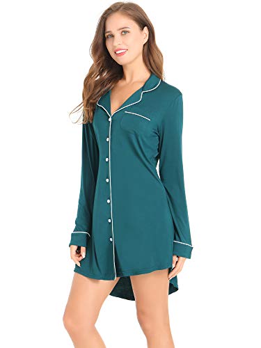 Amorbella Womens Button Down Night Shirt Long Sleeve SleepShirt Viscose PJ Top Night Gown (Vintage Green,Medium)