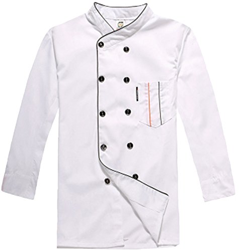 Seven Star Short Sleeve Chef's Jacket Kitchen Cook Coat Stripe Uniforms 3Colors(Black, Red, White) (Small, White (Long Sleeve))