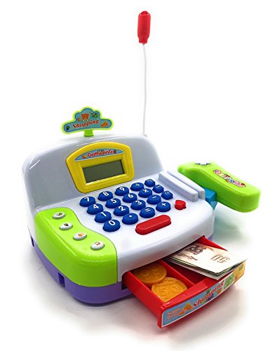 Toy Cash Register Cashier Playset Battery Operated, Kids Pretend Play Set ,Colorful Childrens Cash Register w/ Microphone, Scanner, Calculator, Play Money & Groceries /Kids Supermarket Cashier (Green)