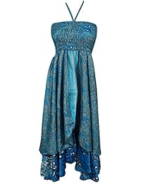Womens Summer Halter Dress Recycled Silk Sari Vintage Two Layer Boho KALBELIA Queen Sundress