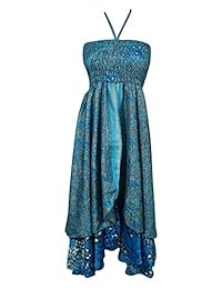 Mogul Womens Summer Halter Dress Recycled Silk Sari Two Layer Queen Sundress XS
