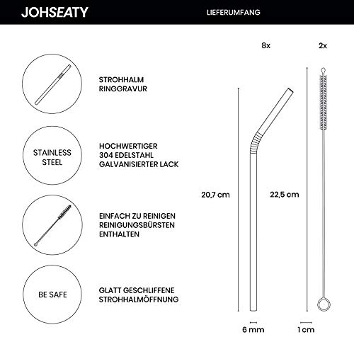 JOHSEATY Wiederverwendbare Strohhalme aus hochwertigem Edelstahl Schwarz 8 STK. gebogen 21.5x0.6cm+2 Bürsten GETESTET… – Bild 3