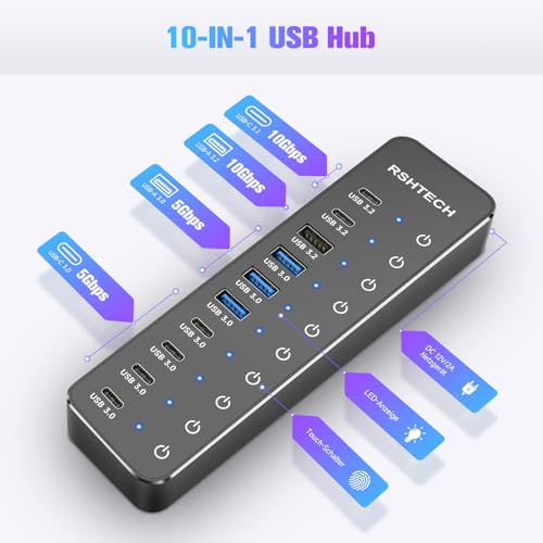 USB Powered Hub, RSHTECH USB 3.2/USB-C 10 Ports Hub with 3X 10Gbps Data Port (2C+1A), 7X 5Gbps 3.0 Ports (4C+3A), 12V/5A 60W Power Supply, Individual Touch Switches USB Hub, RSH-ST10C-6