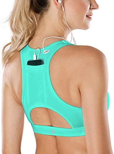 DeepTwist Women's Sports Bra Padded Medium Support Racerback Phone Back Pocket