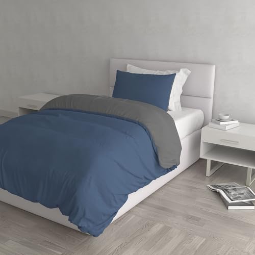 Italian Bed Linen Natural Color Duvet Cover Set with Doubleface Solid Colour Bag Sheet and Pillowcase, 100% Cotton, avio/Smoke, single