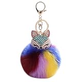 Lisin key chain,New Fox Fur Ball with Artificial Fox Head Inlay Pearl Rhinestone (A)