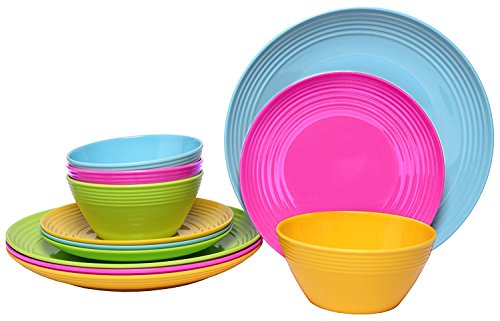 Melange 12-Piece  Melamine Dinnerware Set (Solids Collection ) | Shatter-Proof and Chip-Resistant Melamine Plates and Bowls | Color: Multicolor | Dinner Plate, Salad Plate & Soup Bowl (4 Each)