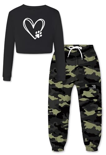 SANGTREE Girls' Clothing Sets Crop Top & Cargo Jogger Pants 2 Piece Outfit, Black+green camouflage, 7-8Y = Tag 140 at Amazon