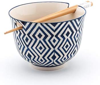Fuji Merchandise Quality Blue Weave Ceramic Ramen Udon Noodle Bowl with Chopsticks Gift Set 5 Inch Diameter