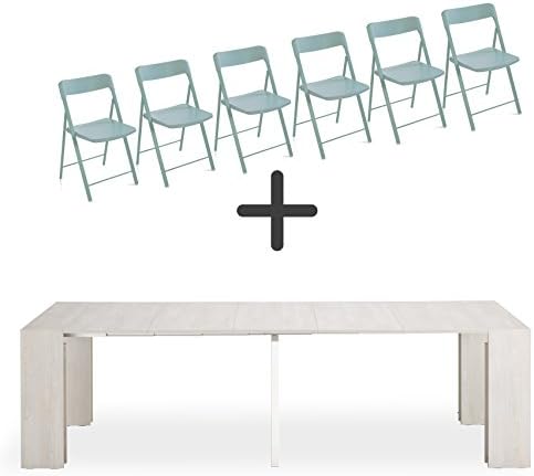 ARREDinITALY 90 x 45 cm Set of 6 Folding Chairs + Console 3 m for Events – Shabby White – Extendable Table 12 Seater Convertible, Quality product Made in Italy Sedie Grigio Acquamarina