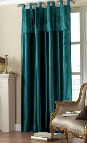 Teal Embroidered Taffeta Tab Top Curtain Panel 145 X 228 Cms From