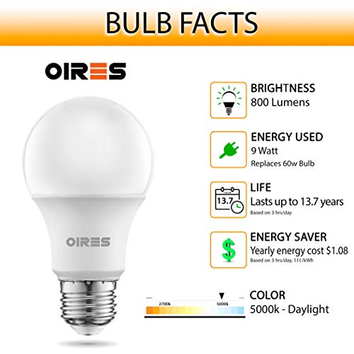 Oires 60W Equivalent LED Light Bulb 800 Lumens A19 Shape 5000K Daylight