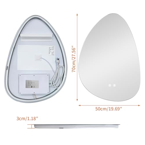 LED Irregular Wall Vanity Mirror, 50x70CM Backlight Mirror with Defogger, 3 Light Colors Stepless Dimming, Frameless Aesthetic Glass for Bathroom Tempered Glass