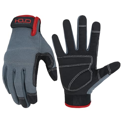 HANDLANDY Mens Work Gloves Touch Screen, Synthetic Leather Utility Gardening Gloves, Flexible Breathable Spandex Back- Padded Knuckles & Palm (XXL, Grey)
