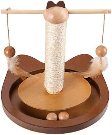 Docamor Cat Scratching Post with Hanging Feather Toys - Sisal Cat Scratcher Keeps Kitten Claws Active & Protects Your Furniture - Includes Interactive Wooden Balls