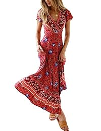 Besshopie - Vestido largo de verano con mangas para mujer, diseño floral bohemio con cuello en V
