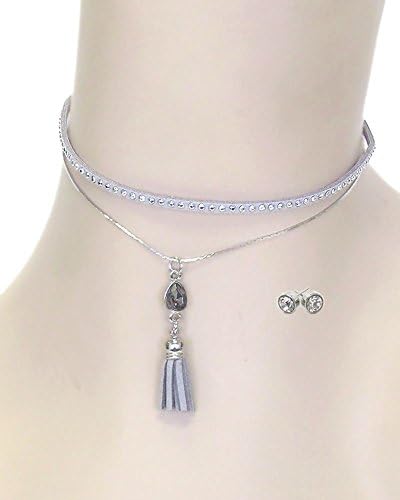 Metal stud leatherette and fine chain double layer crystal tassel drop choker necklace set (GRY)
