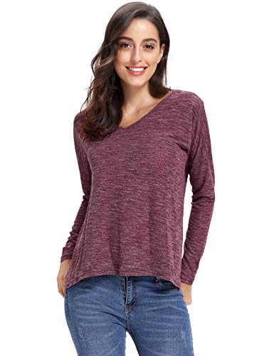 Abollria Women's V Neck T-Shirt Long Sleeve Pleated Casual Tee Shirt Tops