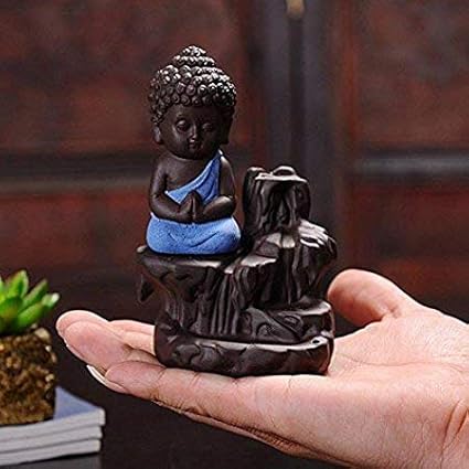 saanvi creations Branded Ceramic Buddha Smoke Fountain Backflow Cone Decorative Incense Holder with 10 Backflow Cones Blue)
