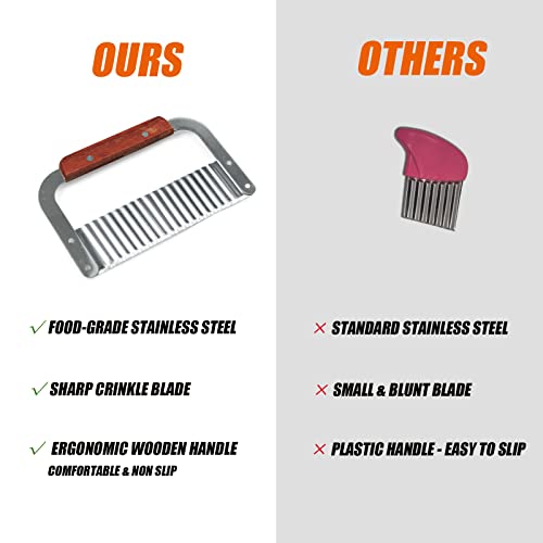 2 Pack Crinkle Cutter for Veggies - Stainless Steel Wavy Potato Chopper Knife w/Wooden Handle - Crinkle Sweet Potato French Fries Slicer Cut Tool for Chopping Carrots, Cucumber, Soap Cutting