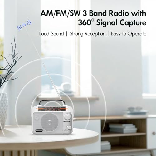 Audiocrazy Portable Radio AM/FM/SW1-2 Multiband Radio with Rechargeable Battery 1800 mAh, AC Cable or Portable FM Radio, Fleece, Speakers, Headphone Jack, AUX Input White