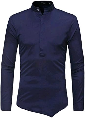 LinkShow Mens Stand-up Collar Long Sleeve Solid Skinny Unbalanced Hem Tunic Top Tee Shirts