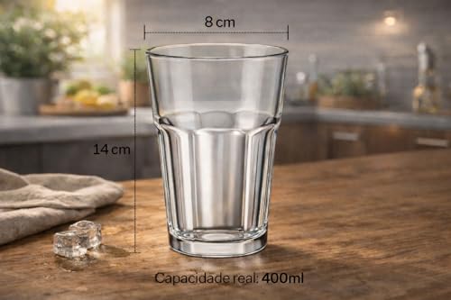 Kit 6 Copos de Vidro 400ml – Design Facetado Moderno, Vidro Espesso e Resistente, Ideal para Água, Suco, Refrigerante, Cerveja e Drinks