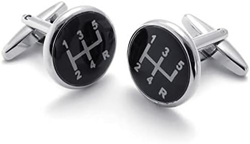 Mygoodie Jewelry 2pcs Rhodium Plated 5 Speed Sport CAR Manual Stick Shifter Shirts Men's Cufflinks, Black Silver, 1 Pair set